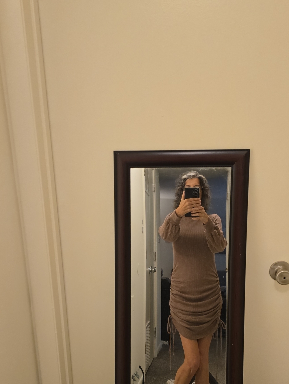 NWOT Ruched Brown Mini Dress with Long Sleeves